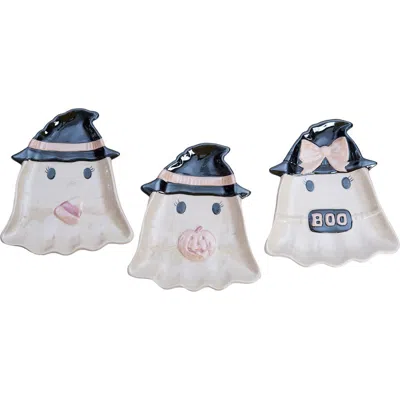 Transpac Dolomite Pearlized Bow Ghosts Appetizer Plate Set Of 3 Halloween In White