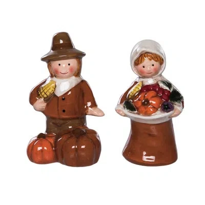 Transpac Dolomite Pilgrim Couple Salt And Pepper Set Of 2, Salt And Pepper Shaker, Brown, Ceramic, Table, Kit