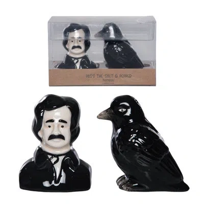 Transpac Dolomite Poe Salt And Pepper Set Of 2, Salt And Pepper Shaker, Black, Ceramic, Table, Kitchen, Hallo