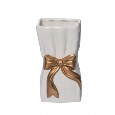 Transpac Dolomite Ribbon Gold Vase For Floral Display And Home Decor In White