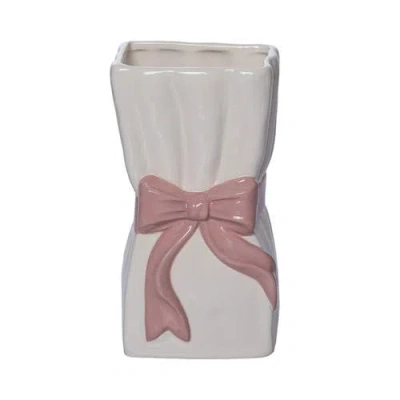 Transpac Dolomite Ribbon Pink Vase For Floral Display And Home Decor In White