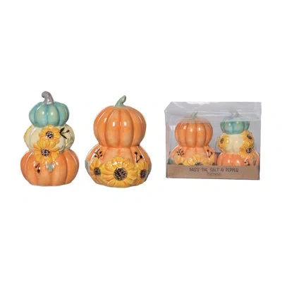 Transpac Dolomite Stacked Pumpkin Salt And Pepper Set Of 2, Salt And Pepper Shaker, Orange, Ceramic, Table, K In Brown