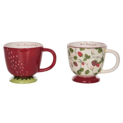 Transpac Dolomite Strawberry Mugs Set Of 2 Colorful Ceramic Drinkware Perfect For Spring Indoor Deco In Multi