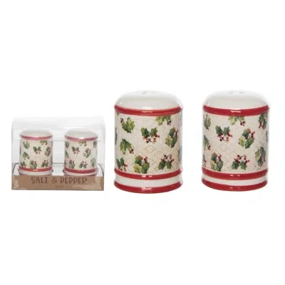 Transpac Dolomite Vintage Holly Salt And Pepper Shaker Set Of 2 Decorative Ceramic Shakers For Christmas Mult In Red;off-white