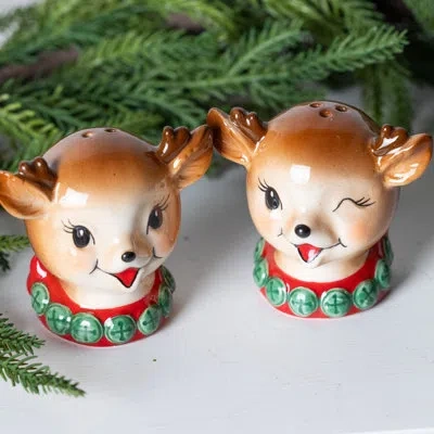 Transpac Dolomite Vintage Reindeer Salt And Pepper Shaker Set Of 2 Ceramic Christmas Decor Tabletop Indoor Us In Brown