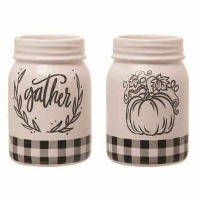 Transpac Dolomite White Autumn Buffalo Check Jar Set Of 2