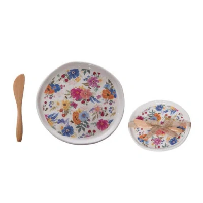 Transpac Dolomite Wildflower Appetizer Plate With Spreader Multicolored For Spring Serving And Enter
