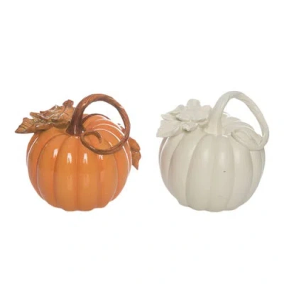 Transpac Elegant Orange And Ivory Pumpkin Set Of 2 Decorative Figurines