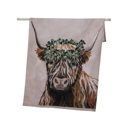 Transpac Fabric Highland Cow With Sage Crown Tea Towel Cotton Multicolored For Spring Serving And En
