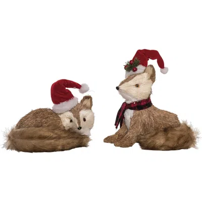 Transpac Foam Sisal Fox With Santa Hat Set Of 2 Christmas Decor In Brown