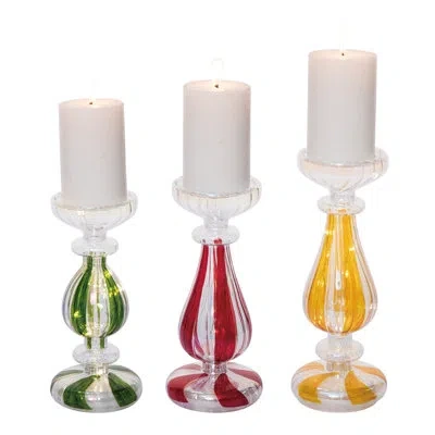 Transpac Glass 10 In. Holiday Stripe Candle Holder Set Of 3 In Yellow;red;clear;green
