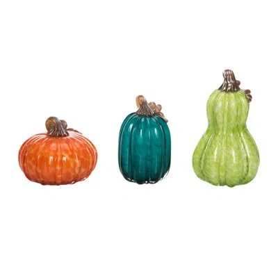 Transpac Glass 8.5 In. Multicolor Harvest Bright Pumpkins Set Of 3 In Green;orange
