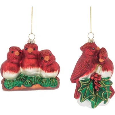 Transpac Glass Cardinal Family Christmas Ornament Set Of Two In Multi