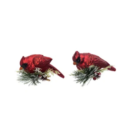 Transpac Glass Clip On Cardinal With Evergreen Detail Tree Ornament In Multi