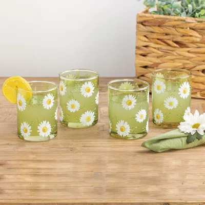 Transpac Glass Daisy Juice Glasses Set Of 4 Wood Multicolored For Spring Serving And Entertaining In Green