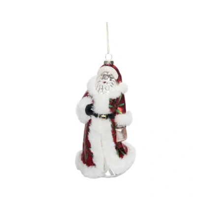Transpac Glass Holiday Santa Ornament With Faux Fur Detail Multicolor In Red