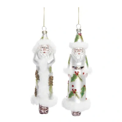 Transpac Glass Holly Pinecone Santa Set Of Two Christmas Decor In White