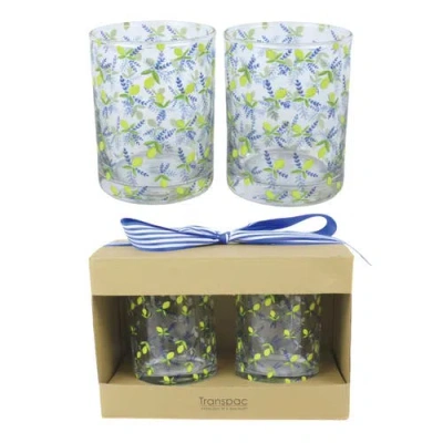 Transpac Glass Juice Cups Lemon Print Set Of 2 Wood Multicolored For Spring Serving And Entertaining