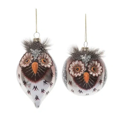 Transpac Glass Owl Ornament Feather Detail Set Of 2 Christmas Decor In Brown