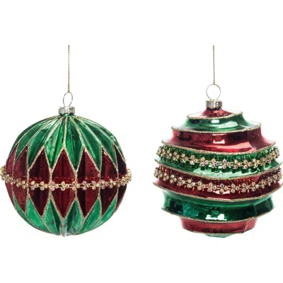 Transpac Glass Red Green Ornament Set Of 2 Christmas Decorations