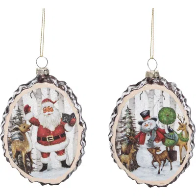 Transpac Glass Woodland Santa Snowman Scene Ornament Set Of 2 In White