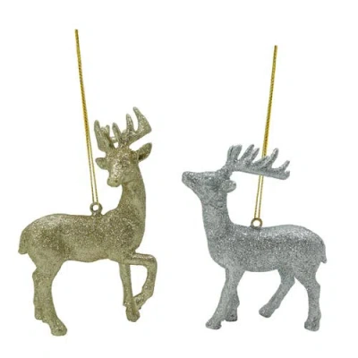 Transpac Glitter Gold Silver Reindeer Ornament Set Of 2 Christmas Decor In Brown