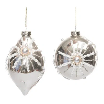 Transpac Gold Ornament Pearl Starburst Set Of 2 Christmas Decor In Silver