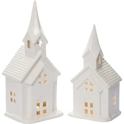 Transpac Holiday Church Set Of 2 Light Up White Decor For Christmas