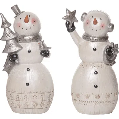 Transpac Large Resin Metallic Snowman Figurine Set Of Two Christmas Decor In White