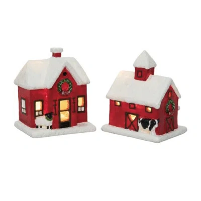 Transpac Light Up Barn And Church Set Of 2 Decorative Sculptures In Red