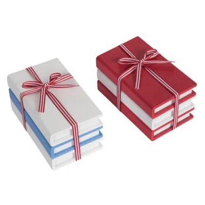 Transpac Mdf Book Decor Set Of 2 Figural Wood Decorations White And Red And Blue For Spring Home Dec