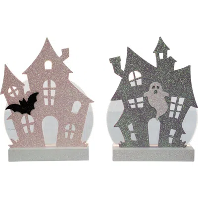 Transpac Mdf Led Glitter Haunted House Set Of 2 Decorative Sculptures In Multi