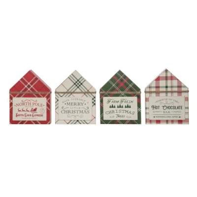 Transpac Mdf Plaid Home Shaped Block Decor Set Of Christmas Decorations In Multi