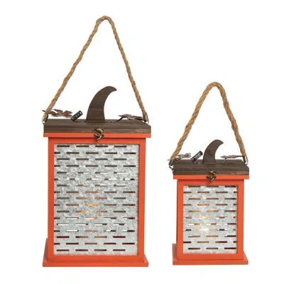 Transpac Metal 19 In. Multicolor Halloween Pumpkin Lantern Set Of 2 In Red;silver