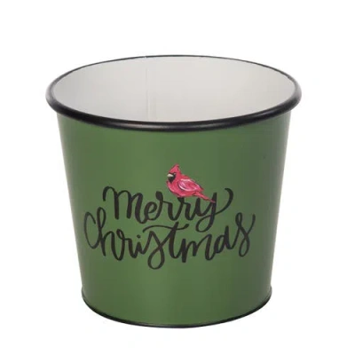 Transpac Metal Cardinal Merry Christmas Bucket Decorative Sculpture In Green