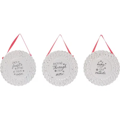 Transpac Metal Fabric Embossed Round Sign Set Of 3 Christmas Decor In White