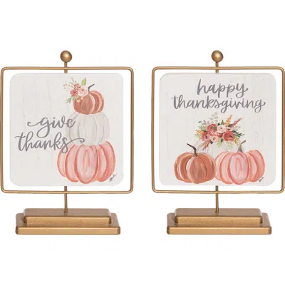 Transpac Metal Framed Floral Pumpkin Set Of 2 Tabletop Signs Fall Decor In Brown