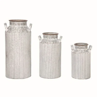 Transpac Metal Herringbone Jug Containers Set Of 3 Off-white Harvest Decor In Gray