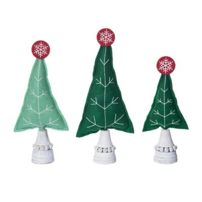Transpac Multicolor Christmas Cottage Tree Set Of 3 Felt Holiday Decor In Green