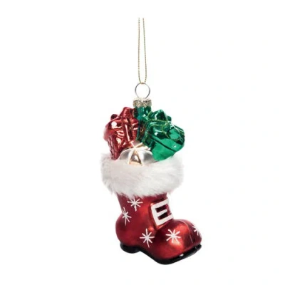 Transpac Multicolor Glass Santa Boot Ornament With Presents For Christmas In Red