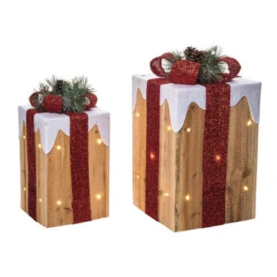 Transpac Multicolor Light Up Snow Covered Gift Decor Set Of 2 Figurines In Gold