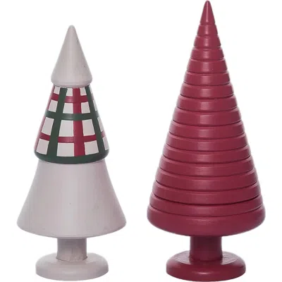 Transpac Multicolor Wood Carved Gingham Christmas Tree Decor Set Of 2