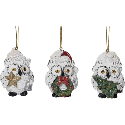 Transpac Multicolored Christmas Rustic Woodland Owl Ornament Set Of 3 In White