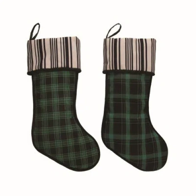 Transpac Plaid Stocking Set Of 2 Christmas Home Decorations In Green