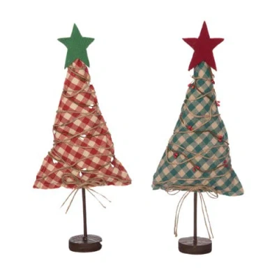 Transpac Red And Green Check Tree Set Of 2 Decorative Sculptures For Christmas