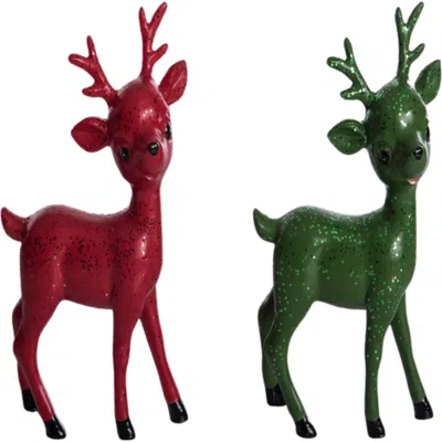 Transpac Red And Green Deer Decorative Resin Figurines For Christmas In Multi