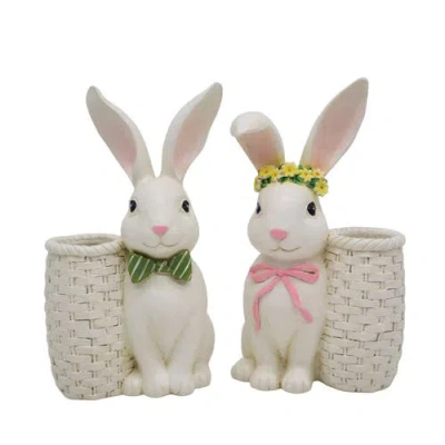 Transpac Resin Bunny With Vase Set Of 2 Multicolored For Floral Display And Home Decor In Neutral