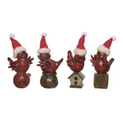 Transpac Resin Cute Sitting Cardinal Hat Set Of 4 Christmas Decor In Red