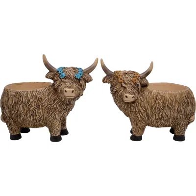 Transpac Resin Highland Cow Planter Set Of 2 Brown For Spring Garden Decor