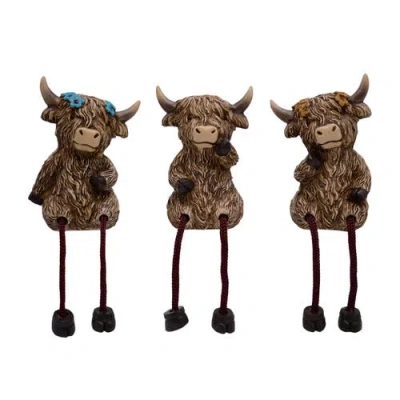 Transpac Resin Highland Cow Shelf Sitters Set Of 3 Brown For Spring Home Decor